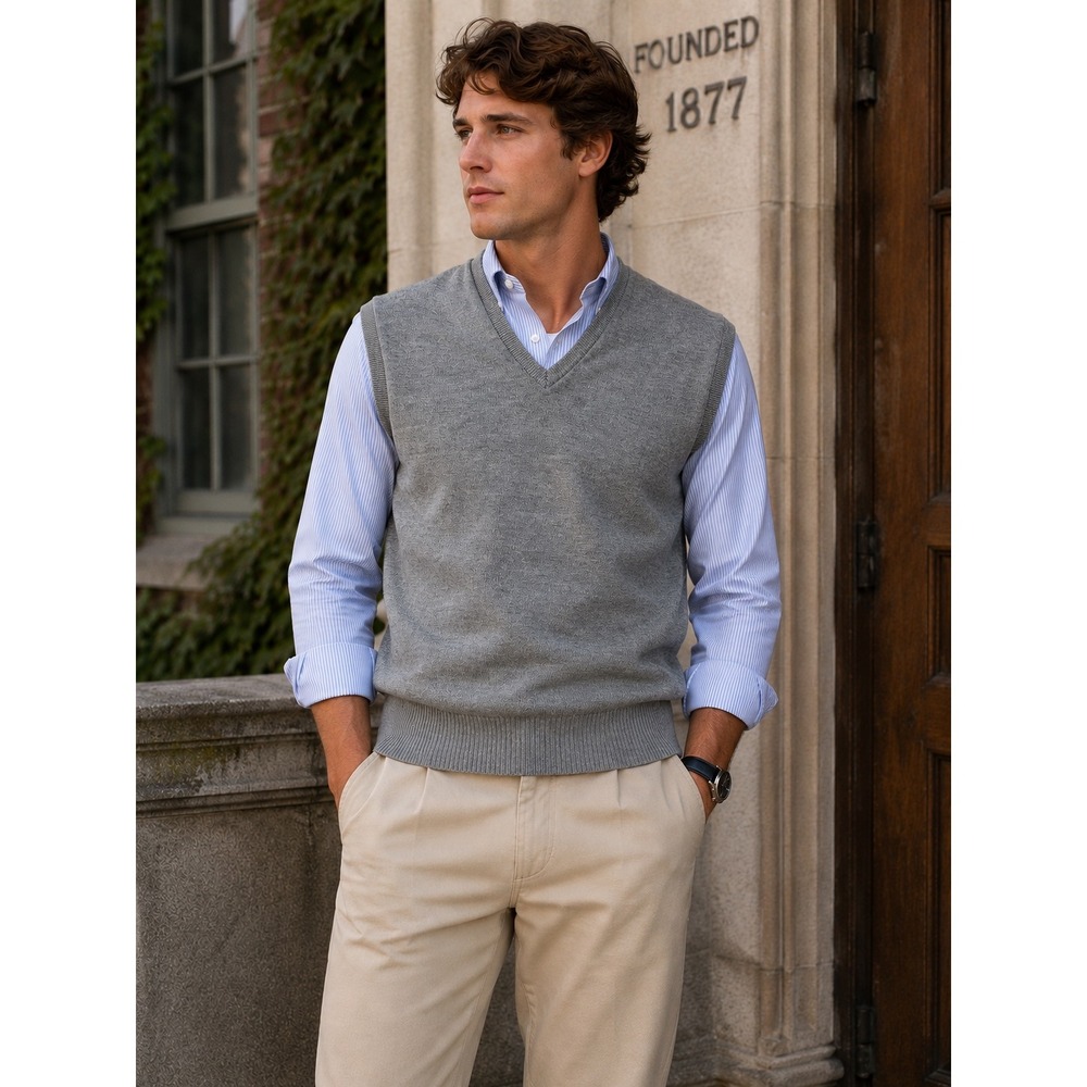 Campus Sweater Vest Men XL Gray V-Neck Knit Pullover Vintage 70s Preppy Academia